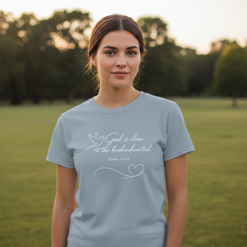 God is Close to the Brokenhearted Psalm 34:18 Faith T-Shirt