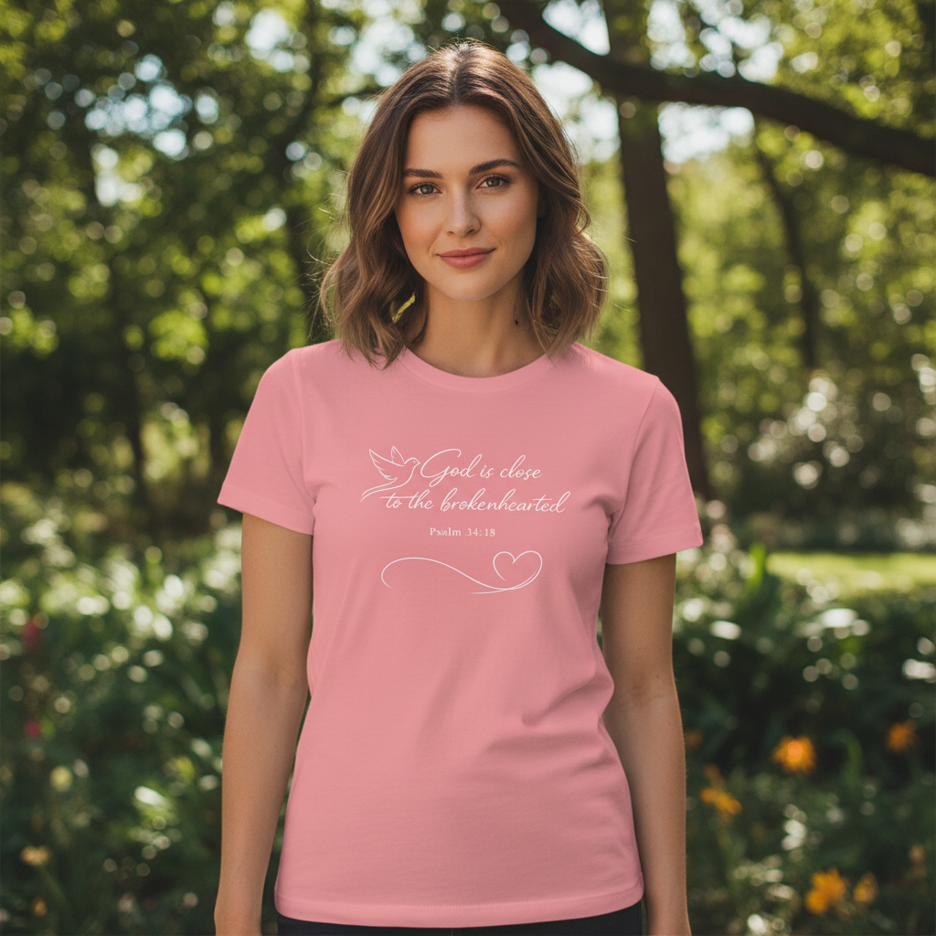 God is Close to the Brokenhearted Psalm 34:18 Faith T-Shirt