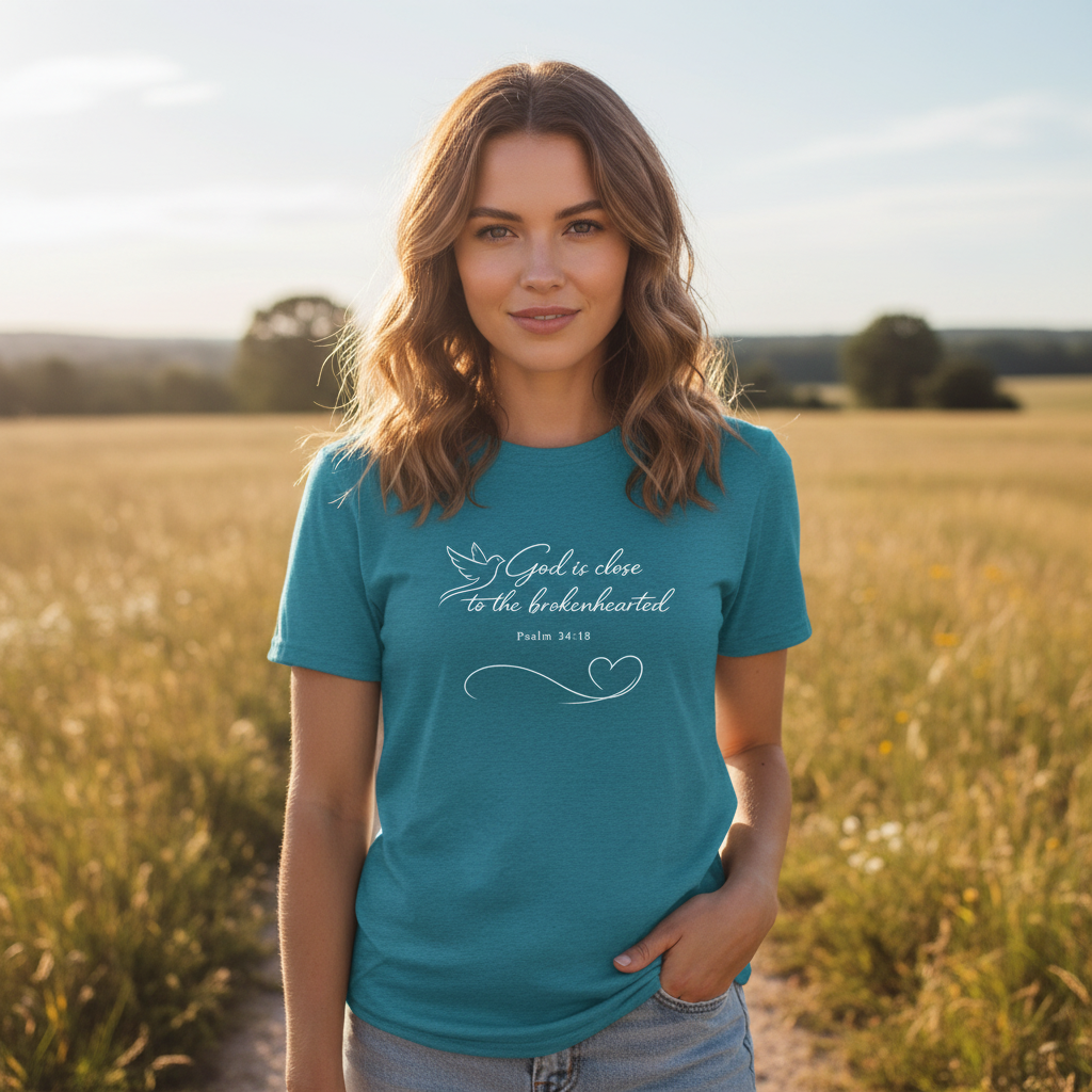 God is Close to the Brokenhearted Psalm 34:18 Faith T-Shirt