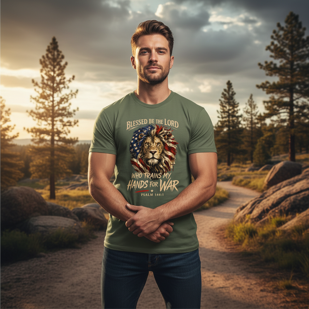 Blessed Be the Lord Who Trains my Hands for War Psalm 144:1 Faith T-Shirt