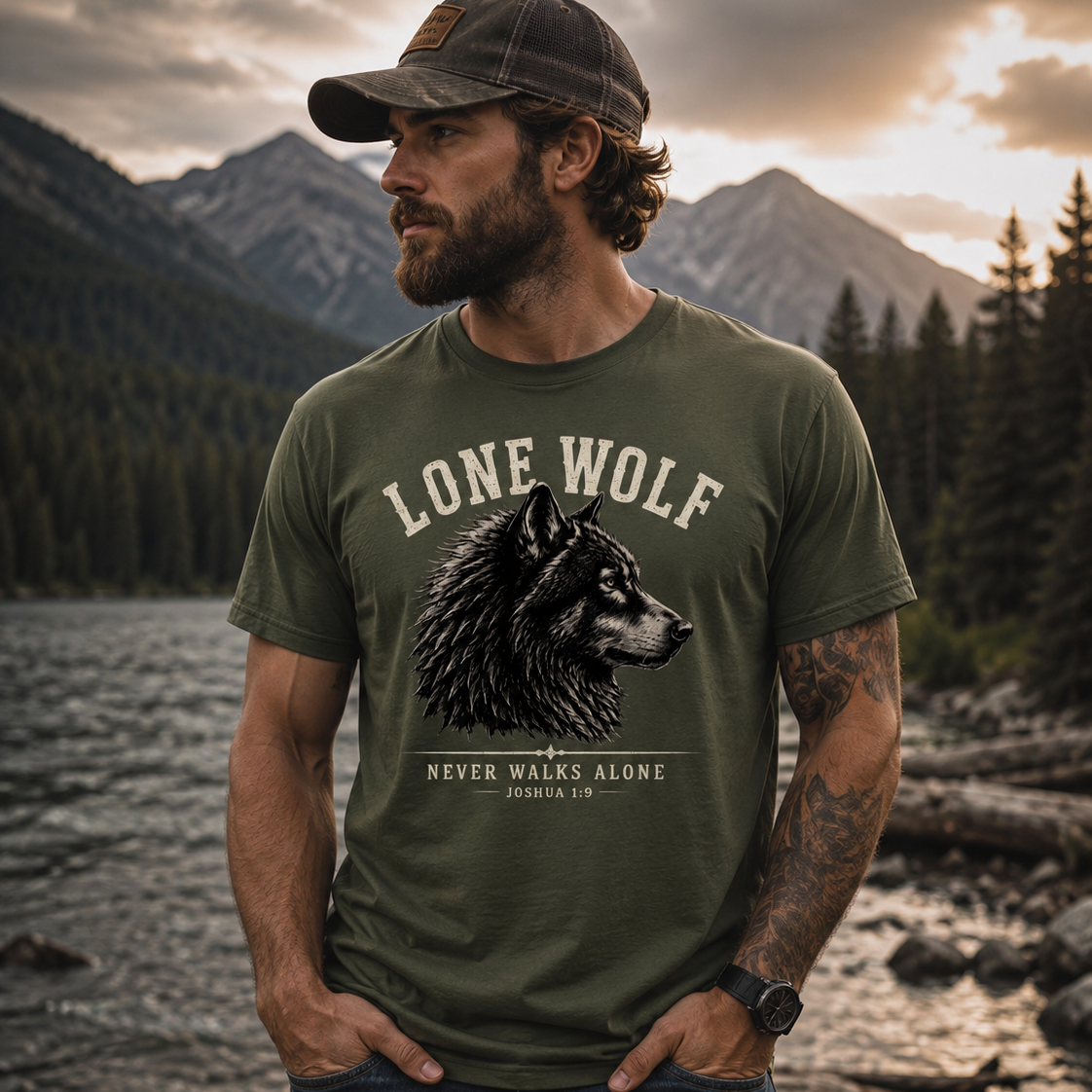Lone Wolf Joshua 1:9 Faith T-Shirt | Never Walks Alone