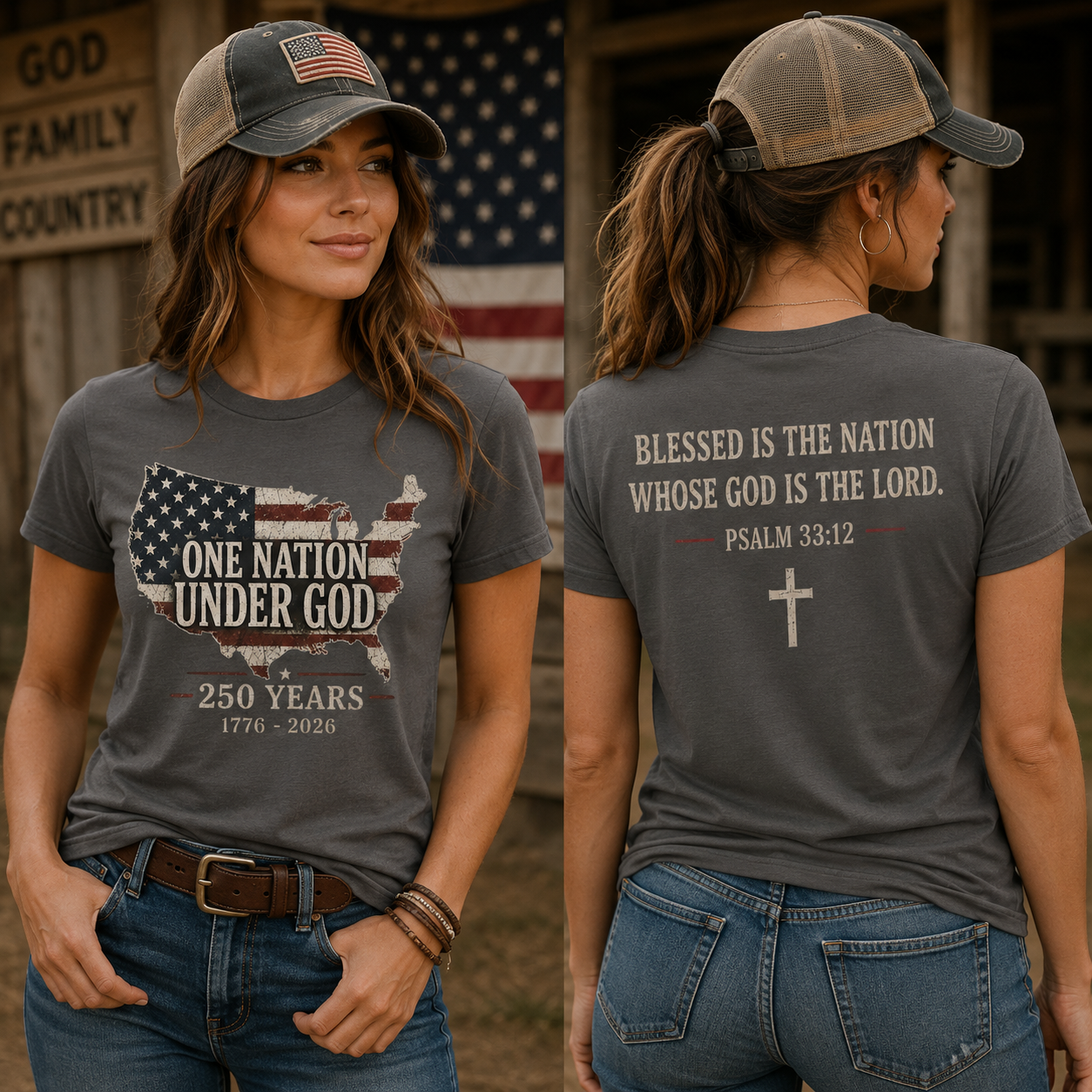 One Nation Under God 250 Years Psalm 33:12  Patriot T-Shirt