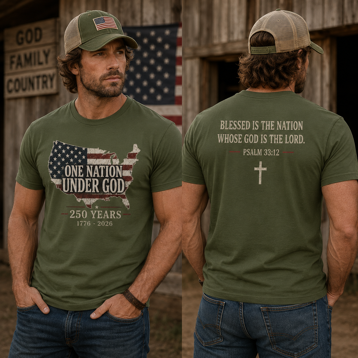 One Nation Under God 250 Years Psalm 33:12  Patriot T-Shirt