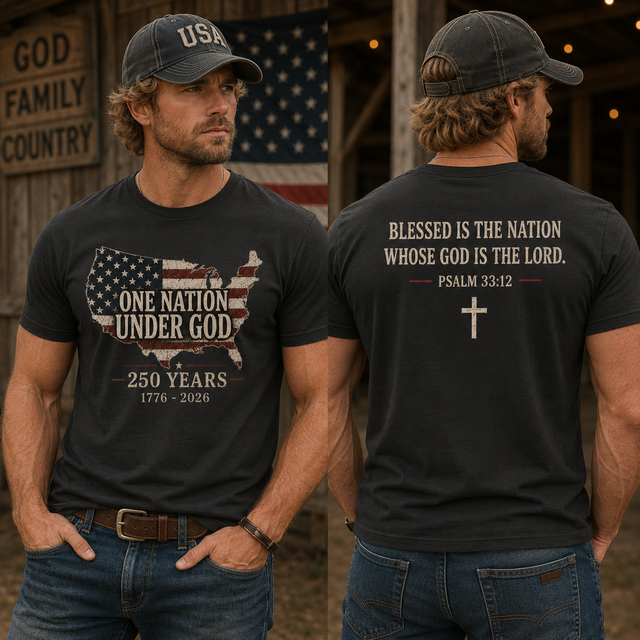 One Nation Under God 250 Years Psalm 33:12  Patriot T-Shirt